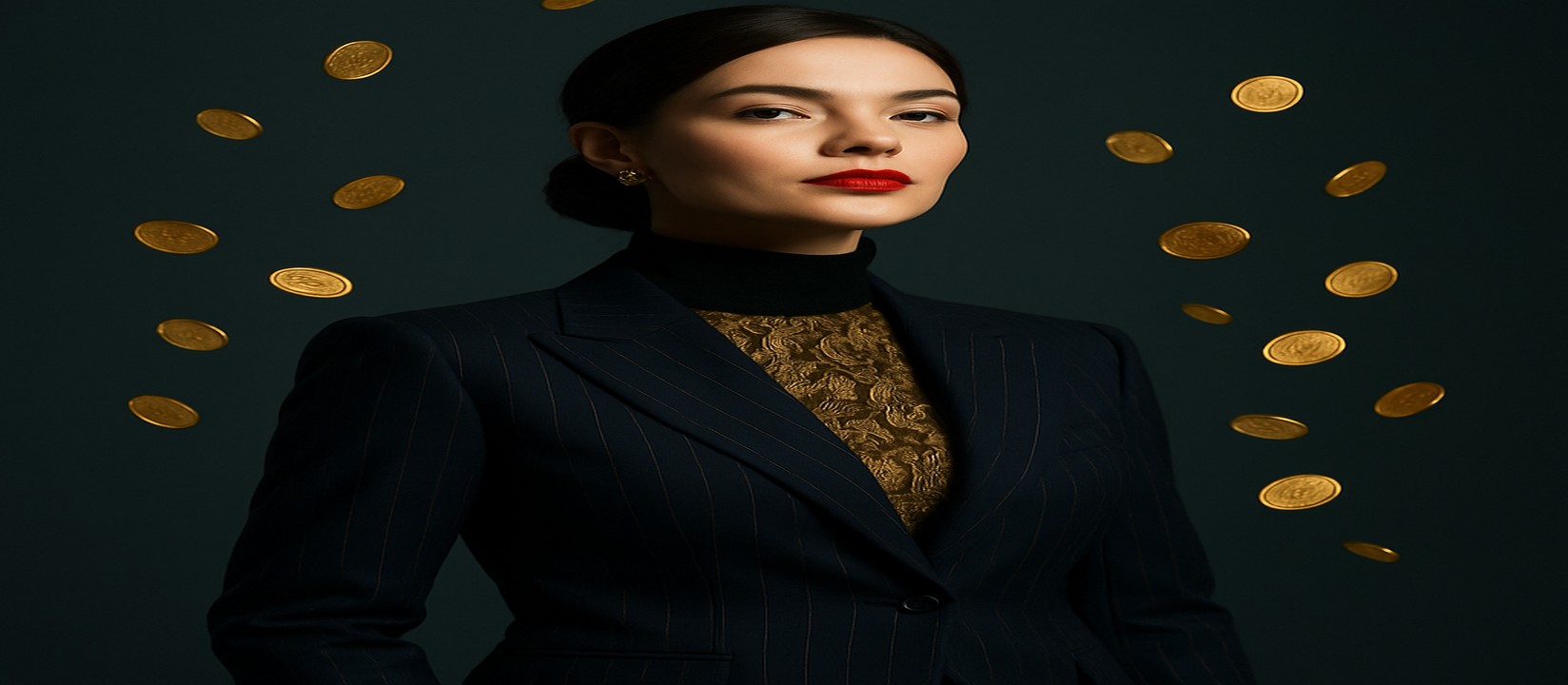 কালো ডোরাকাটা পোশাকে এক নারী, 299 apk–এর আলোকিত প্ল্যাটফর্ম-চক্রে ভাসমান সোনার কয়েনগুলো